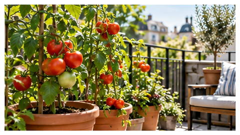 Growing tomatoes in pots on a balcony